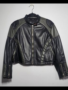 ZARA Women's Black & Olive Faux Leather Moto Jacket